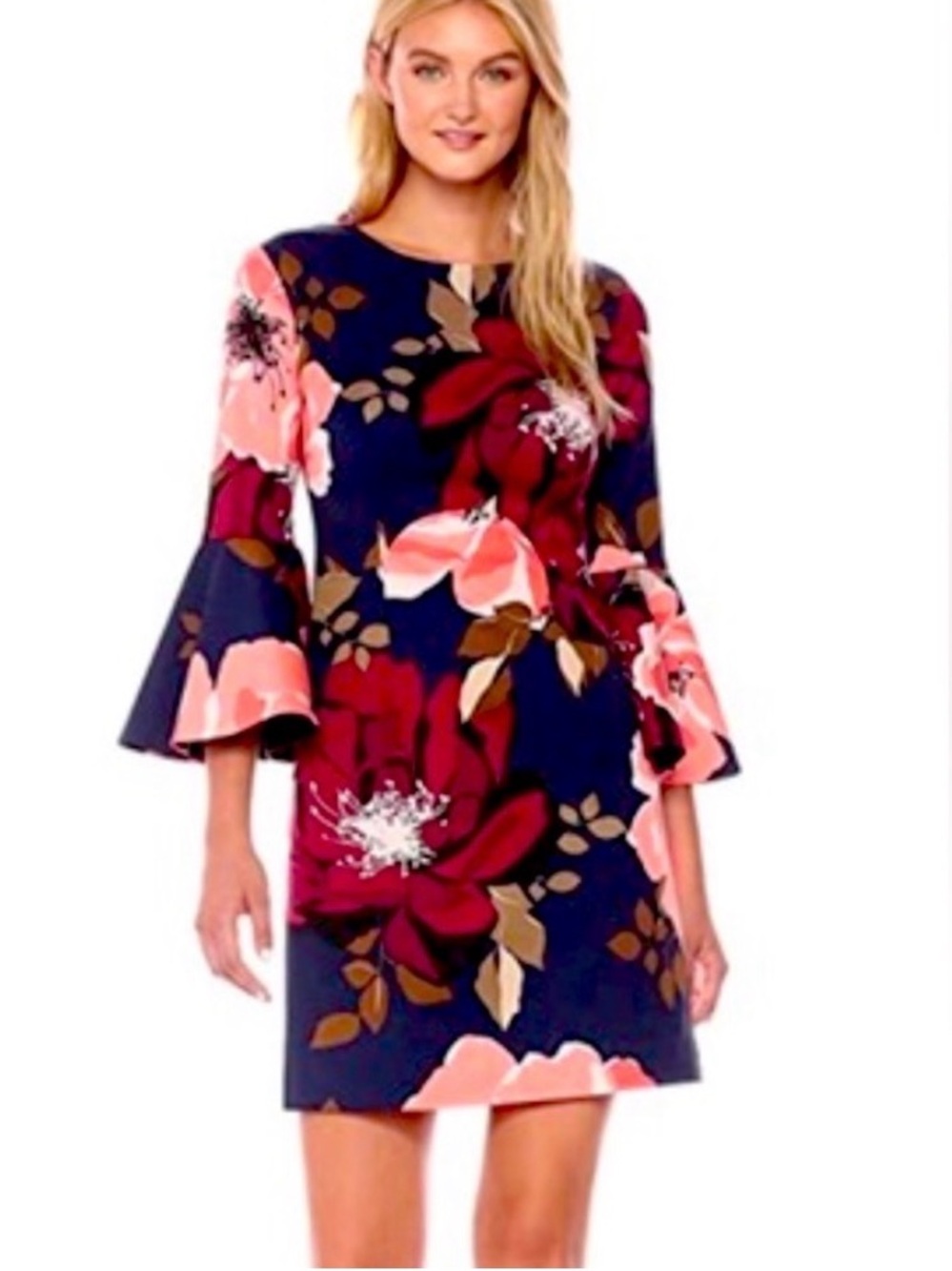Trina Turk Navy Floral Bell-Sleeve Dress with Pink and Burgundy Blooms